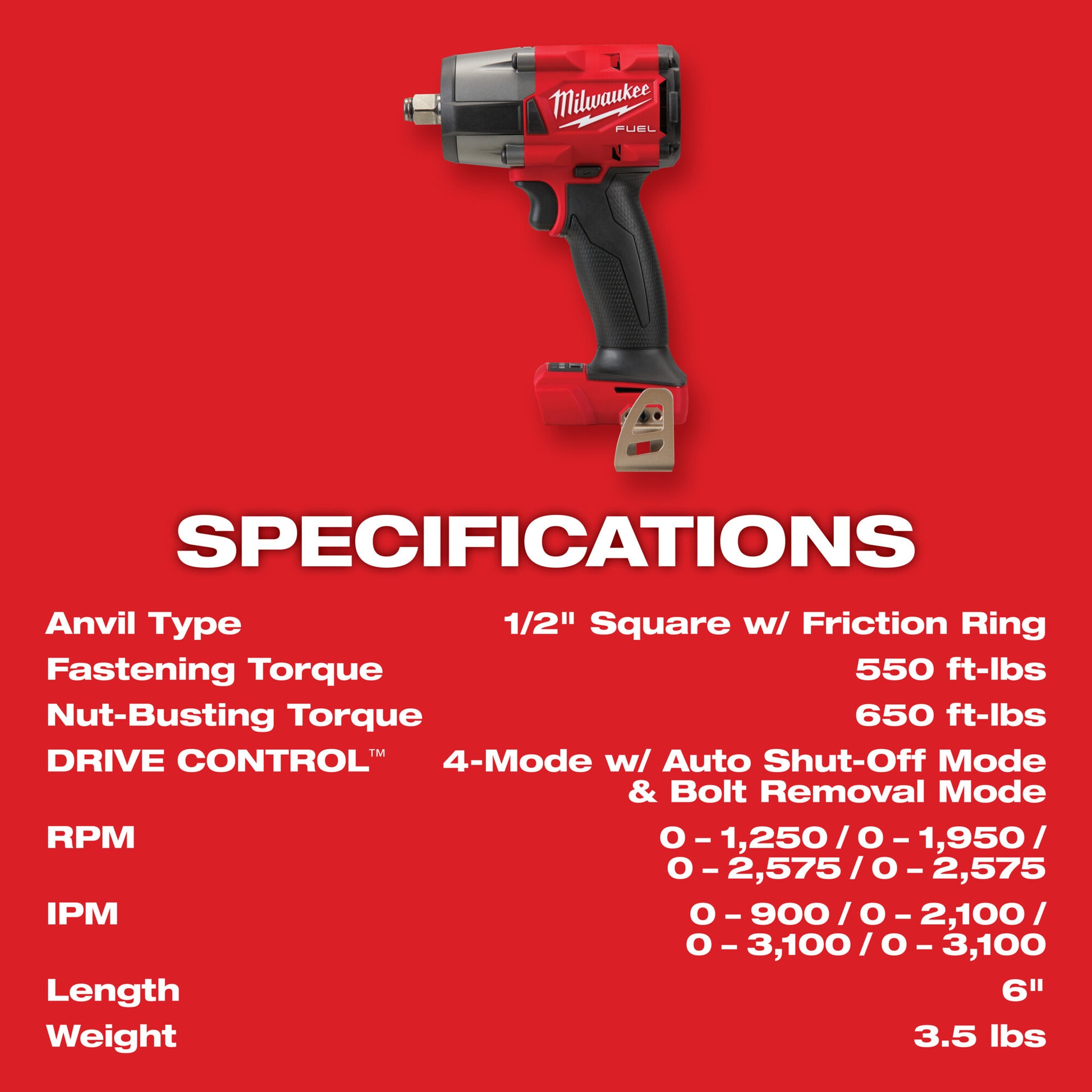 Milwaukee 2962-20 M18 FUEL™ 1/2" Mid-Torque Impact Wrench w/ Friction Ring (Bare Tool)