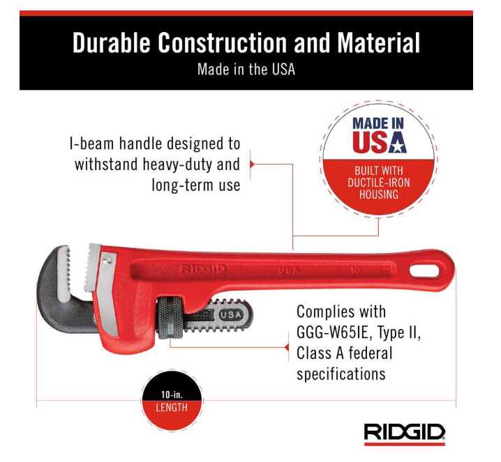 Ridgid 31010 10" Heavy-Duty Straight Pipe Wrench