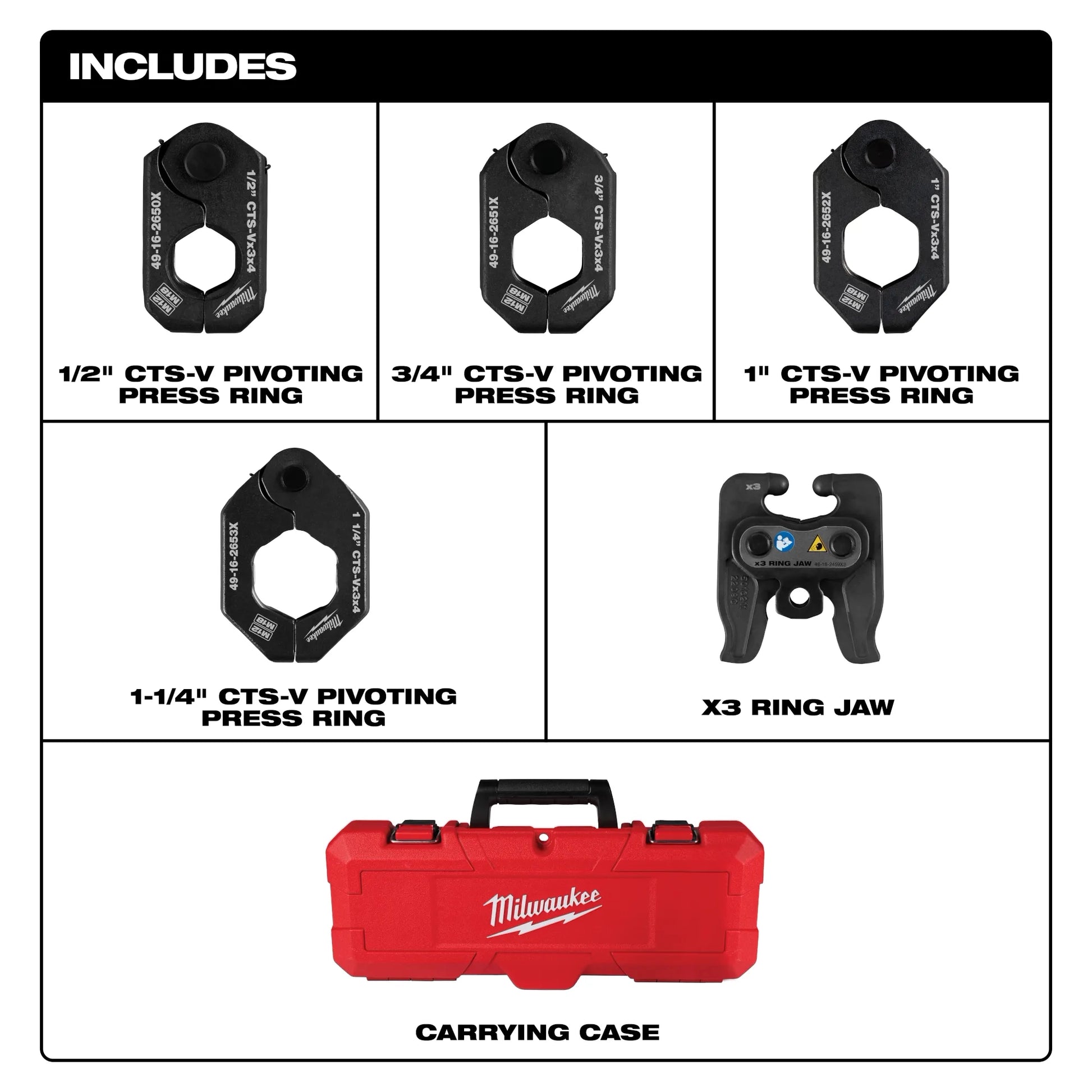 Milwaukee 49-16-2490X 1/2" - 1-1/4" CTS-V Pivoting Press Ring Kit for M12™ FORCE LOGIC™ Press Tool