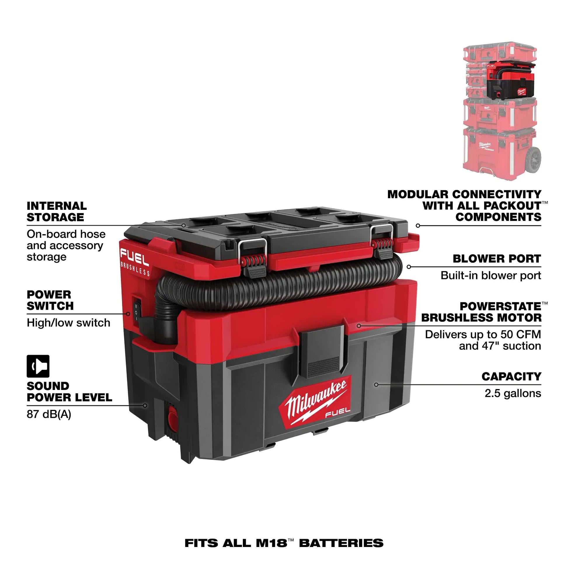 Milwaukee 0970-20 M18 FUEL™ PACKOUT™ 2.5 Gallon Wet/Dry Vacuum