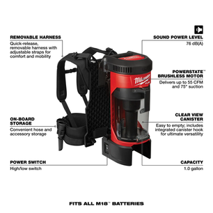 Milwaukee 0885-20 M18 FUEL 3-in-1 Backpack Vacuum