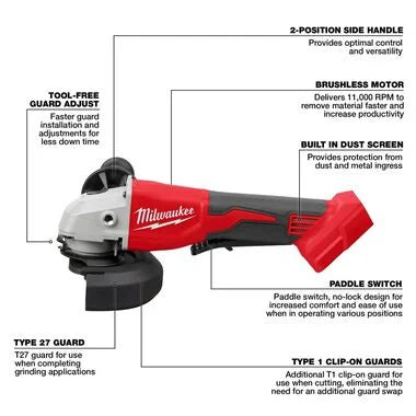 Milwaukee 2686-20 M18™ Brushless 4-1/2" / 5" Cut-Off Grinder, Paddle Switch