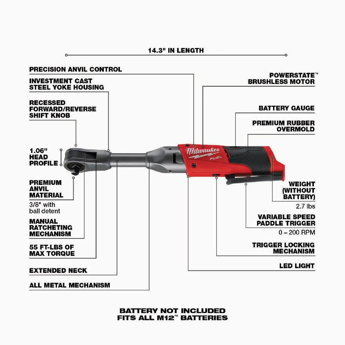 Milwaukee 2560-20 M12 FUEL™ 3/8" Extended Reach Ratchet Bare Tool